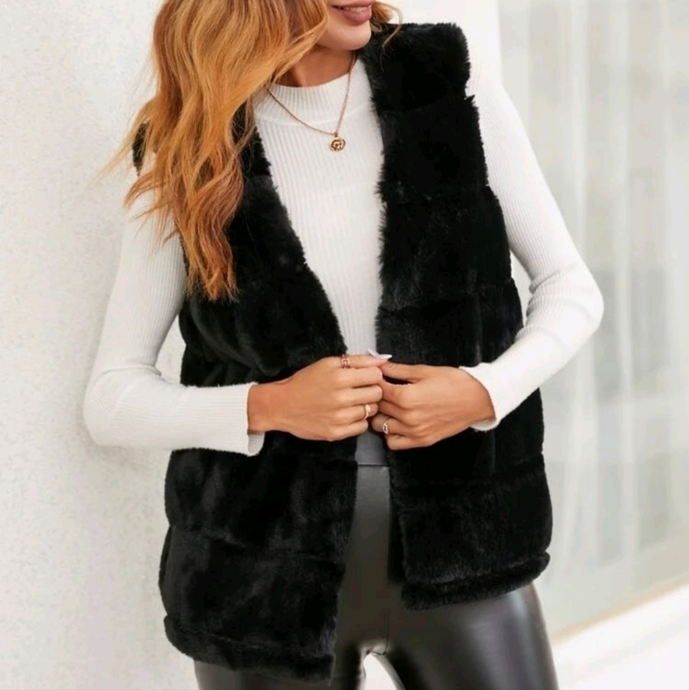 Faux Fur Vest Open Front Teddybear Cozycore Furry Sleeveless Black Shein New